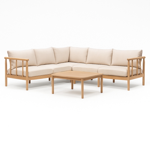 Narożnik ogrodowy ze stolikiem Mortlake, drewno eukaliptusowe FSC, teak look, jasnobeżowy, zaokrąglone kształty