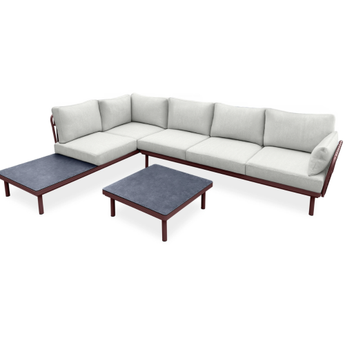 Narożnik ogrodowy Amarello z stolikiem – aluminiowy, plecionka, jasnobeżowy/bordowo-brązowy