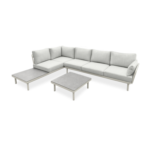 Narożnik ogrodowy Amarello z stolikiem – aluminiowy, plecionka, jasnobeżowy/beżowoszary