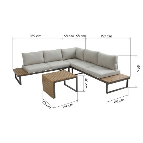 Narożnik ogrodowy ze stolikiem Valongo, polywood, spun-poly, beżowy/brązowy